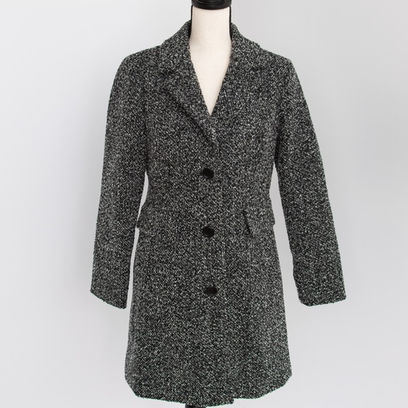 Retro tweed winter coat removable faux fur collar black & white S - Picture 10 of 13